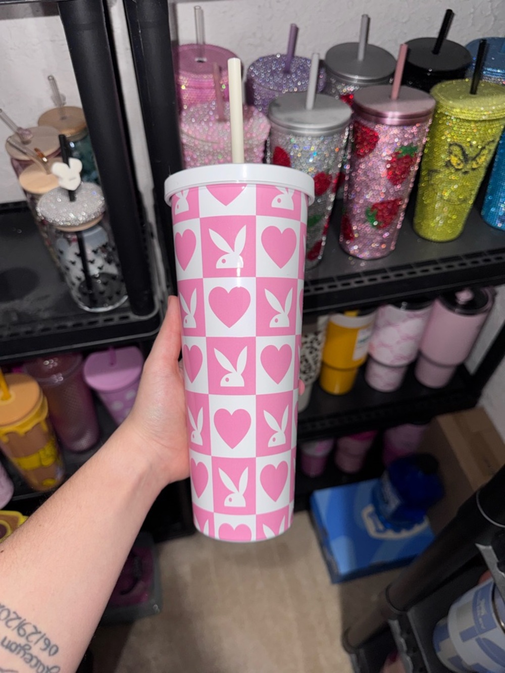 Pink Heart & Bunny Pattern Stainless Tumbler Cup with Straw